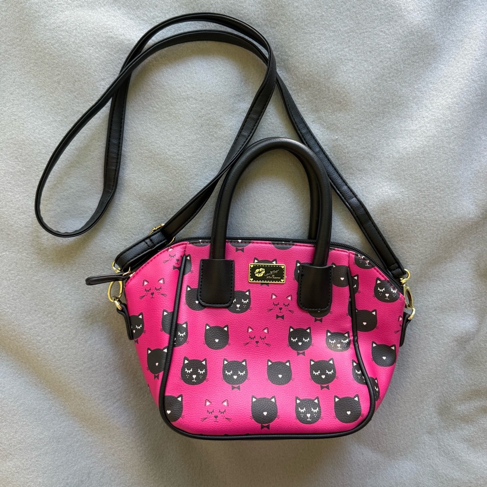Betsey Johnson Hot Pink Cat Print Handbag with optional crossbody strap